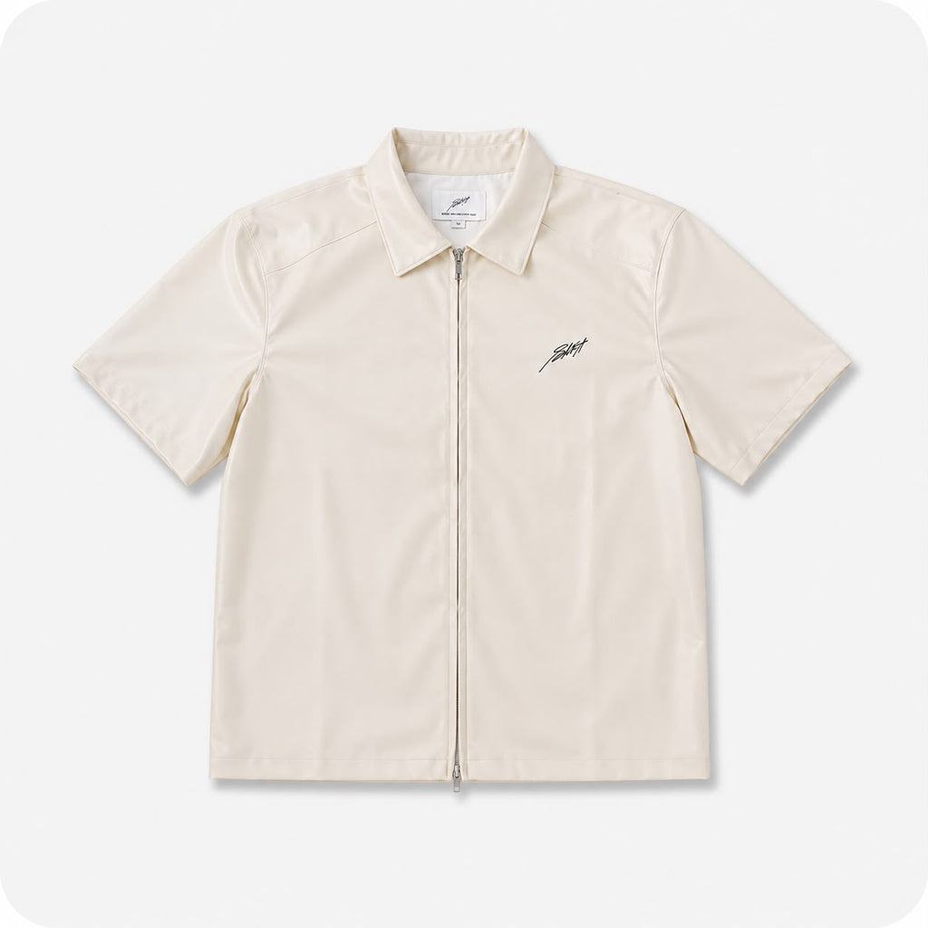 Cream Faux-Leather Zip Overshirt