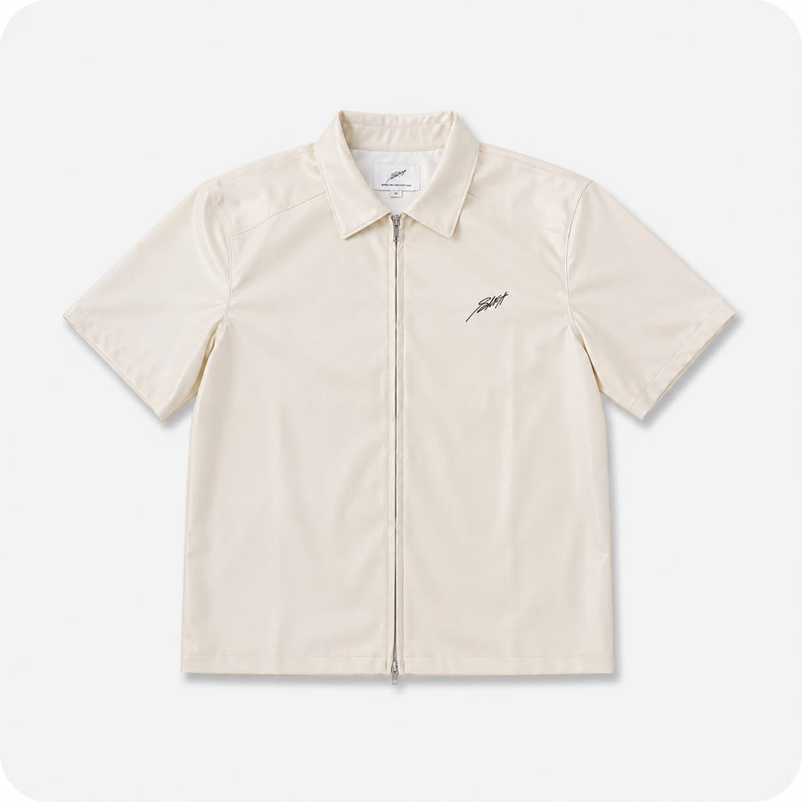Cream Faux-Leather Zip Overshirt