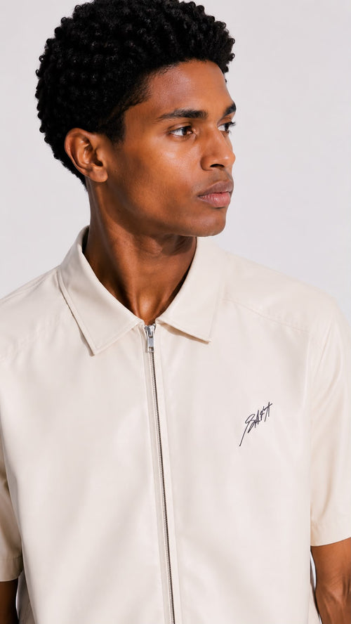 Cream Faux-Leather Zip Overshirt